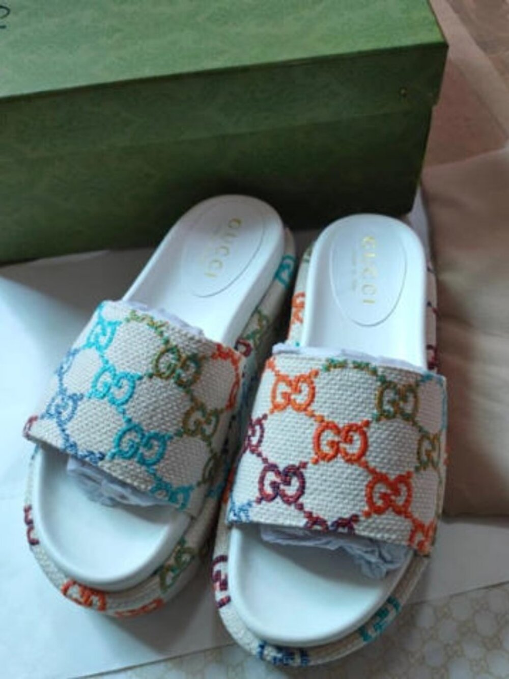 Gucci Multicolor GG Platform Slides – Size 39 with Original Box
